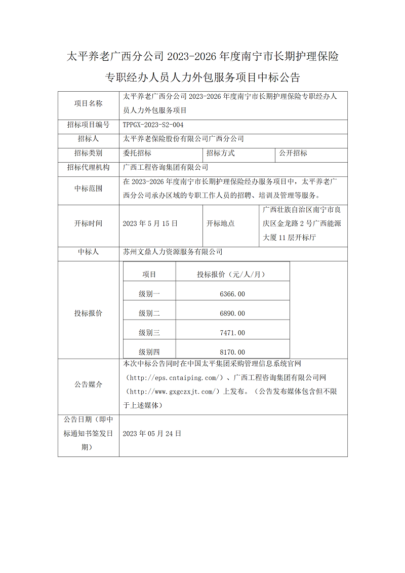 太平養(yǎng)老廣西分公司2023-2026年度南寧市長(zhǎng)期護(hù)理保險(xiǎn)專(zhuān)職經(jīng)辦人員人力外包服務(wù)項(xiàng)目中標(biāo)公告