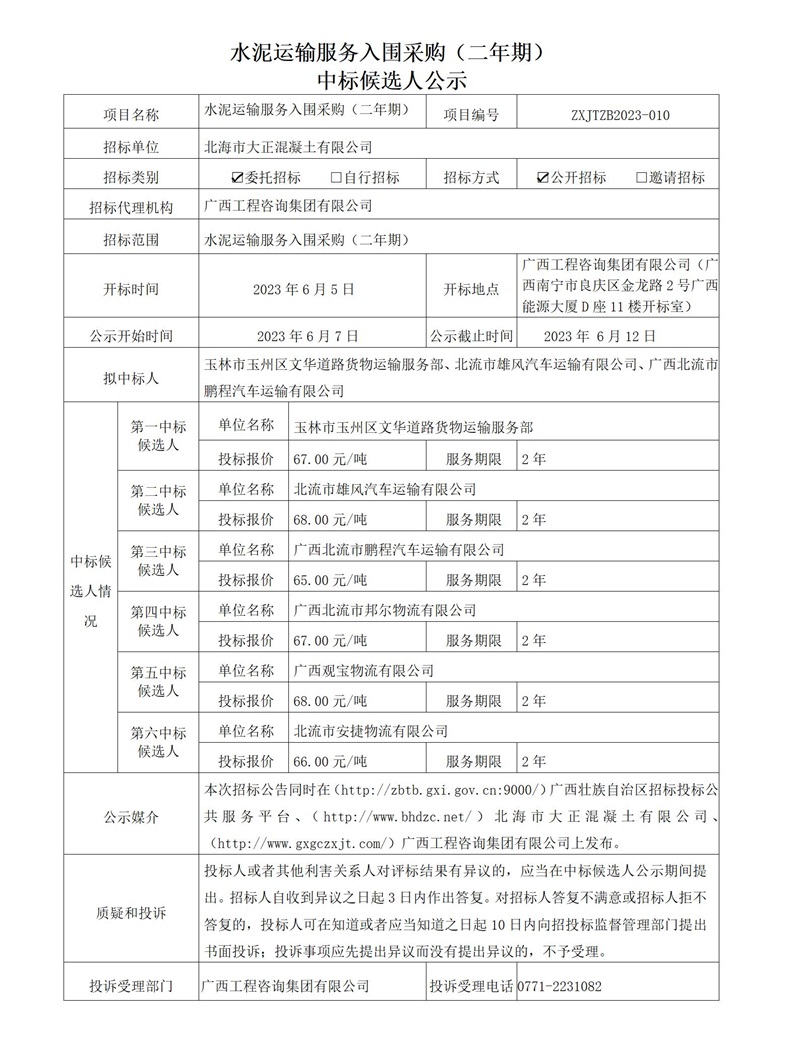 水泥運(yùn)輸服務(wù)入圍采購(gòu)(二年期) 中標(biāo)候選人公示